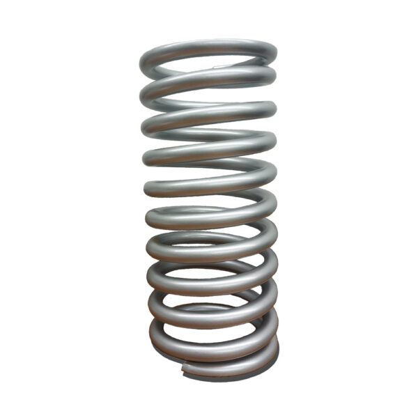 Silver tight helix coil springs standing on end.
